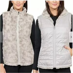 Reversible Zip Up Faux Fur Winter Vest Warm Cozy Luxe Apres Ski Bunny Cream XS/S